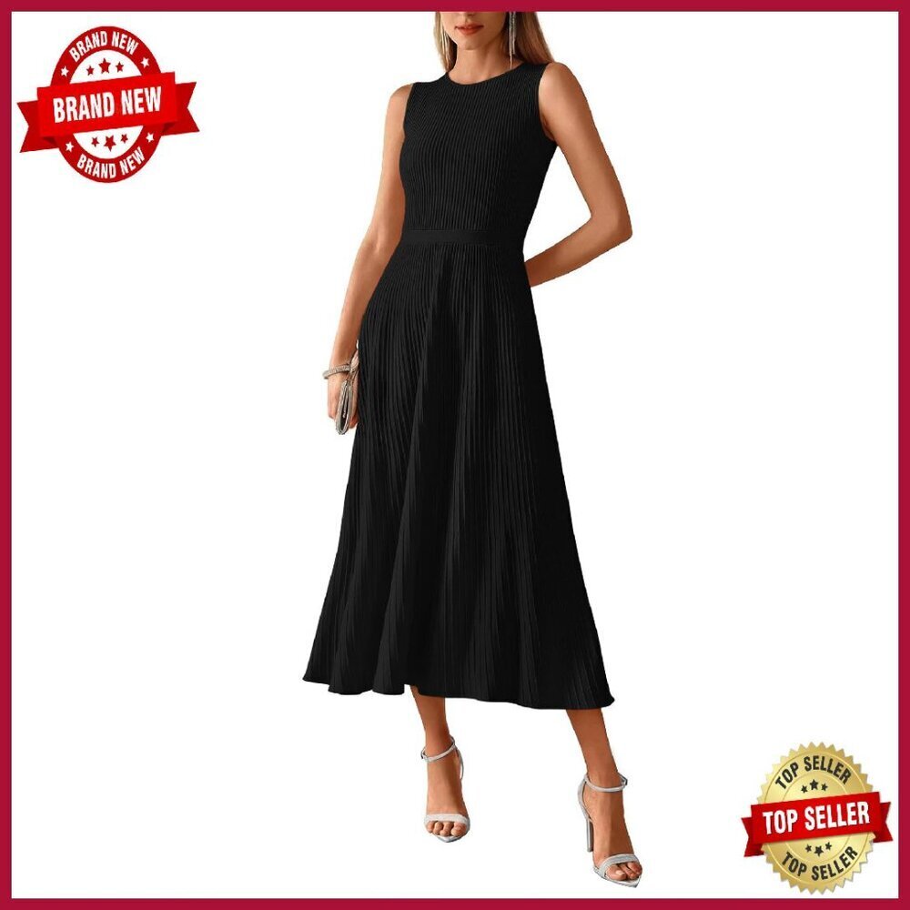 Sleeveless Pleated Midi Dress A-Line Business Casual Knit Sweater